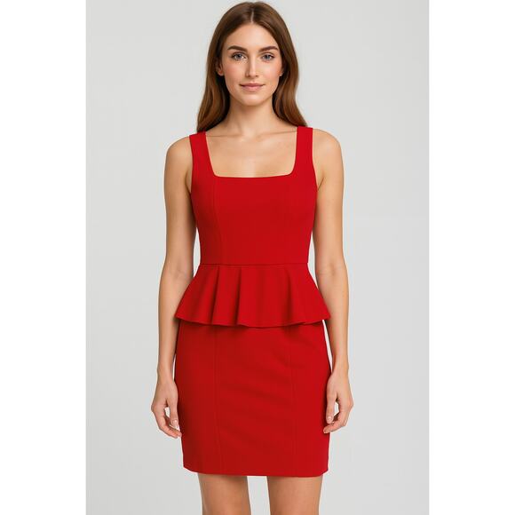 Carmen Marc Valvo Red Peplum Sheath Midi Dress Square Neck Small Cocktail Glam - Picture 1 of 8